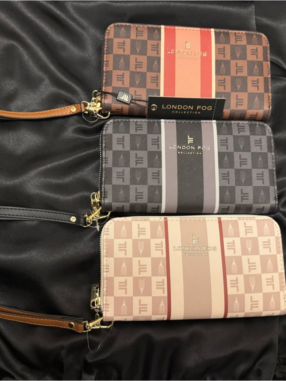 London Fog Tricolor Signature Zip Wallets in Brown, Gray, Blush